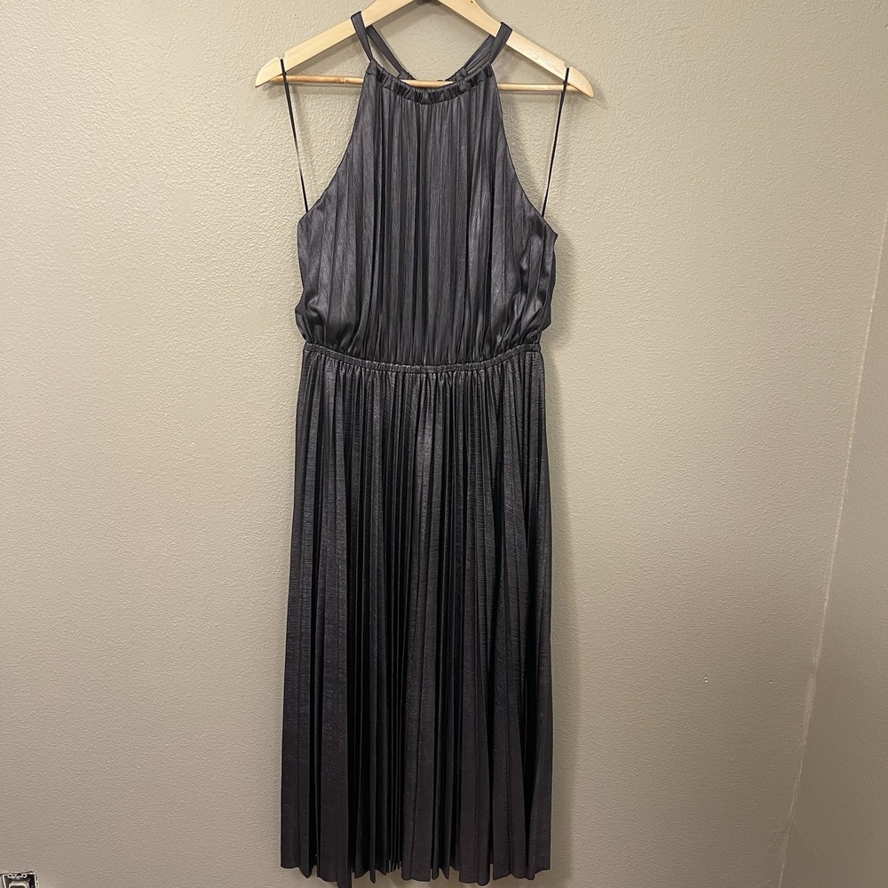 Lush Pleated Metallic Dress Gunmetal Silver Event Cocktail Holidays Elegant Sz M